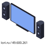 Television set with loudspeakers and amplifiers for sound system. Entertainment system design for home or office interior. Stereo acoustic modern device. Isolated icons, vector in isometric style. TV Set Display with Musical System Loudspeakers. Стоковая иллюстрация, агентство Ingram Publishing / Фотобанк Лори