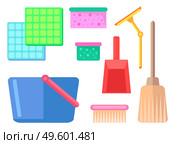 Group of household facilities washcloth, rags supplies and cleaning, Tools and container for cleaning. Icons set of multicolored doormats, sponges mops, buckets, basins, brushes, broom and scoop. Group of household facilities washcloth, rag supplies and cleaning, tools and container for cleaning. Стоковая иллюстрация, агентство Ingram Publishing / Фотобанк Лори
