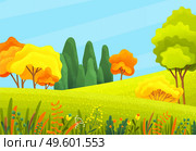 Autumn forest beautiful landscape with orange, yellow, green trees, bushes, grass, forest or wood, view at autumn scenery, beauty of day nature, background concept, nobody, colorful flat illustration. Autumn forest beautiful landscape with orange, yellow, green trees, bushes, grass, autumn forest or wood, view. Стоковая иллюстрация, агентство Ingram Publishing / Фотобанк Лори