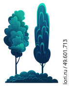 Deciduous tall trees, navy blue crown, flat cartoon style isolated on white. Forest tree, lush foliage. Oak, beech, hornbeam, diverse vegetation. Botanical illustration for games, banners, sites. Tall deciduous trees isolated on white. Forest vegetation, dark blue foliage, lush tree crown. Стоковая иллюстрация, агентство Ingram Publishing / Фотобанк Лори