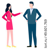Consulting man and woman discussing business issues. Vector brokers and hucksters, stockbrokers or bill-brokers isolated. Collaboration of colleagues. Consulting Man and Woman Discussing Business Issue. Стоковая иллюстрация, агентство Ingram Publishing / Фотобанк Лори