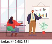 Presentation of business statistics, strategy, businessman analysing graphics, charts at hanging board, presenting financial plan, worker show graphical analysis to partner woman, office interior. Presentation of business statistics, strategy, businessman analysing graphics at hanging board. Стоковая иллюстрация, агентство Ingram Publishing / Фотобанк Лори