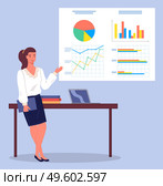 Businesswoman wearing blouse and skirt, holding folder in hand, gesturing, show financial plan, strategy, statistics at digital board, charts, graphics, diagram. Businesslady lean on table with laptop. Businesswoman wearing blouse and skirt, holding folder, gesturing, show financial plan at board. Стоковая иллюстрация, агентство Ingram Publishing / Фотобанк Лори