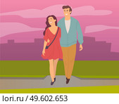 Dating couple outdoor cityscape in the evening time. Young peolpe smiling man and woman hugging walking. Girl with guy, people in love spend time together, relationships between male and female. Dating couple outdoor cityscape in the evening. Young peolpe smiling man and woman hugging walking. Стоковая иллюстрация, агентство Ingram Publishing / Фотобанк Лори