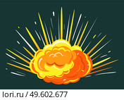 Orange explosion with cloud of dust. Impact of asteroid or meteorite, big bang in motion with fire. Isolated burst in space, bright and radial bursting with smoke. Vector illustration in flat style. Explosion in Space, Bright Bang with Cloud of Dust. Стоковая иллюстрация, агентство Ingram Publishing / Фотобанк Лори