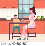 Mother and son cook food. Flat illustration vector family working in the kitchen. Family cooking eat. Cooking together in the kitchen parent with kid prepearing meal, son helping mother to prep. Mother and son cook food. Flat illustration vector family working in the kitchen. Family cooking eat. Стоковая иллюстрация, агентство Ingram Publishing / Фотобанк Лори