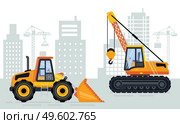 Backhoe and mobile crane, skyscraper and jenny view, building place. Machine with hook and scoop, urban engineering, lifting technology, project vector. Building Equipment, Machine with Hook, Lift Vector. Стоковая иллюстрация, агентство Ingram Publishing / Фотобанк Лори