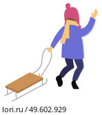 Kid wearing warm clothes playing outdoors. Isolated child in hand with gloves, pulling slight. Character with sleds in winter. Holidays of person, childhood for personage. Vector in flat style. Child Pulling Sleigh and Waving Hands Outdoors. Стоковая иллюстрация, агентство Ingram Publishing / Фотобанк Лори