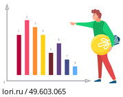 Man standing near statistics chart and looking ahead, lamp in hand. Business tools for innovations and cooperation. New idea. Vector illustration in flat style. Business meeting explanation of ideas. Man Standing near Statistics Chart and Looking UP. Стоковая иллюстрация, агентство Ingram Publishing / Фотобанк Лори