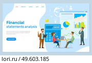 Financial statements analysis, landing page of business website, people calculate income of company. Businesspeople communicating, analysing charts, graphics, counting finance, investors working. Financial statements analysis, landing page of business website, people calculate income of company. Стоковая иллюстрация, агентство Ingram Publishing / Фотобанк Лори