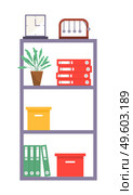 Rack with shelves furniture, office stand with folders, boxes with archive files, newton s cradle, clock, houseplant in pot, information stand with decoration, cartoon vector icon isolated at white. Rack with shelves, furniture, office stand with folders, boxes with files, newton s cradle, clock. Стоковая иллюстрация, агентство Ingram Publishing / Фотобанк Лори