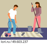 Cartoon male character with vacuum cleaner, female character with round mop, bucket of water. Married couple take care of house, cleaning carpet, mopping floor. Cleaning the house. Staying home. Married couple cleaning their house. A man vacuuming, a woman washing the floor. Flat vector image. Стоковая иллюстрация, агентство Ingram Publishing / Фотобанк Лори