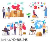 Set of people images, traders and buyers. World trade, China and US. Large packing boxes. Round flag badges. Satellite, airplane, cargo transportation. Transporter, logisticians, attract customers. International trade, people make deal, flags, China and US. Globe, packing boxes, shipping. Стоковая иллюстрация, агентство Ingram Publishing / Фотобанк Лори