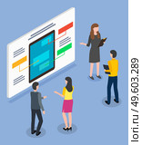 Isometric image of people, women and men standing near large white board with smartphone or tablet with data and explanations. Business partners, colleagues, employees communicate. E-commerce. Large white stand with tablet or smartphone. Group of people communicates or discusses. Flat image. Стоковая иллюстрация, агентство Ingram Publishing / Фотобанк Лори