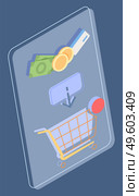 Large cartoon smartphone screen with image of shopping virtual basket, product or item, credit card, dollars, cents. Customer journey concept. Isometric vector illustration isolated on dark blue. Customer journey. Credit card, money, shopping basket. Shopping in the online store. Flat image. Стоковая иллюстрация, агентство Ingram Publishing / Фотобанк Лори