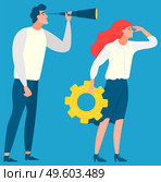 Man standing and looking through magnifying glass. Woman with cogwheel in hands, searching innovations. Business tools for innovations and cooperation. Vector illustration flat style. People Standing with Magnifying Glass and Cogwheel. Стоковая иллюстрация, агентство Ingram Publishing / Фотобанк Лори