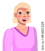 Portrait of young woman with blond hair wearing pink blouse flat style. Cute girl smiling happily isolated on white background says something. Pretty positive female character with green eyes, student. Portrait of young woman with blond hair wearing pink blouse. Cute girl smiling happily isolated. Стоковая иллюстрация, агентство Ingram Publishing / Фотобанк Лори