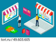 Online shopping concept. Opened laptop with awning, man sales manager in the field of B2B standing on keyboard. Internet store application. Shopper woman selects a product on the marketplace. Online shopping concept. Internet store application. man sales manager and shopper woman characters. Стоковая иллюстрация, агентство Ingram Publishing / Фотобанк Лори