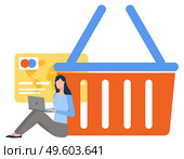 Woman using laptop, pay card and truck symbol, shopping element. Female character sitting with computer, purchase online, logistics worldwide b2b, cash online, shopper and e-commerce, website vector. Purchase Online, Credit Card and Truck Vector. Стоковая иллюстрация, агентство Ingram Publishing / Фотобанк Лори
