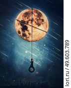 Surreal nightscape with a boy sways on a swing hanging from the full moon. Beautiful starry night with falling comets. Fantasy and magical scene, adventure concept. Person swinging over the night city. Стоковое фото, агентство Ingram Publishing / Фотобанк Лори
