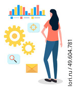 Project management and financial report strategy. Consulting team, business analysis planning. Woman office worker analyzes demand on presentation with charts, choosing way to attract customers. Project management and financial report strategy. Choosing way to attract customers. Consulting team. Стоковая иллюстрация, агентство Ingram Publishing / Фотобанк Лори