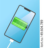 Modern mobile phone with green battery vector illustration. Full charge with lighting. Touchscreen smartphone and wire phone charger. Blank telephone screen with energy level sign on blue background. Modern mobile phone with green battery vector illustration. Full charge with lighting. Touchscreen smartphone. Стоковая иллюстрация, агентство Ingram Publishing / Фотобанк Лори