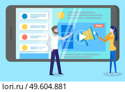 Choosing way to attract customers. Teamwork business plan development. Project management and marketing planning strategy. Woman and man chief office workers analyzes site design on smartphone. Choosing way to attract customers. Team project management and marketing planning strategy. Стоковая иллюстрация, агентство Ingram Publishing / Фотобанк Лори