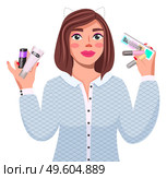 Portrait of young woman with dark hair wearing white blouse. Cute smiling girl holding cosmetics cream, lipstick, shadows. Pretty positive female character, student or businesswoman, beauty blogger. Portrait of young woman with dark hair wearing white blouse. Cute smiling girl isolated on white. Стоковая иллюстрация, агентство Ingram Publishing / Фотобанк Лори