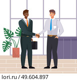 Business propasal for partner. Man make agreement deal handshake. Hiring interview. Colleagues discuss project. Teamwork idea. Accepting proposals for investment in finance and exchanging ideas. Business propasal for partner. Man make agreement handshake interview. Colleagues discuss project. Стоковая иллюстрация, агентство Ingram Publishing / Фотобанк Лори