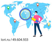 Man researching map of world vector, person with tool for analysis and research. Businessman zooming continent with location and geotags flat style. World Map and Man with Magnifying Glass Research. Стоковая иллюстрация, агентство Ingram Publishing / Фотобанк Лори