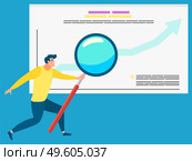 Man analyzing data vector, businessman with magnifying glass and information on board. Success on growing chart, male with tool for business analysis and stats. Businessman with Magnifying Glass, Data Research. Стоковая иллюстрация, агентство Ingram Publishing / Фотобанк Лори