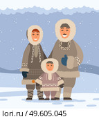 Mom, dad, baby on snowy background. Family of northern arctic polar smiling inhabitants in traditional fur clothes. Residents of the Arctic. Snowfall, blue-gray background. Funny cartoon characters. Northern family in traditional fur clothes. Chukchee, polar peoples. Harsh winter, snow, cold. Стоковая иллюстрация, агентство Ingram Publishing / Фотобанк Лори