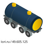Cylindrical black tank for the transportation of petroleum products. Gasoline transportation. Combustible lubricants. Oil industry. Gasoline tanker. Production of petroleum products. Hand vector image. Tank for the transportation of oil. gasoline, oil products. Flat isometric image on white. Стоковая иллюстрация, агентство Ingram Publishing / Фотобанк Лори