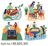 Set of family fun. Families play board games with their children. Video games, monopoly, puzzles. Spend time together. Collection of funny smiling people sitting at table and have fun at home. Families spend time together, play board games, assemble a puzzle, solve puzzles. Flat vector image. Стоковая иллюстрация, агентство Ingram Publishing / Фотобанк Лори