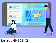 Teamwork concept. Development of a plan how to attract customers. Man and woman typing in telephone, collaboration and discussion graphical business page with information site or online store. Development of a plan how to attract customers. Man and woman typing in telephone, collaborate. Стоковая иллюстрация, агентство Ingram Publishing / Фотобанк Лори