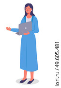 Young pretty girl in blue long dress, with laptop in her hands. Girl with long hair, white earrings stands and smiles. Employees, colleagues or office staff. Communicate and work. Flat vector image. Young girl with a laptop in a long dress. Office staff, manager, employee. Flat vector image. Стоковая иллюстрация, агентство Ingram Publishing / Фотобанк Лори