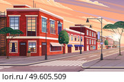 Street of town illustration of the historic urban area with trees and streetlight in evening time. Cityscape with vintage brick building, narrow road and pedestrian walkway, shop windows and cafes. Street of town illustration of the historic urban area with trees and streetlight in evening time. Стоковая иллюстрация, агентство Ingram Publishing / Фотобанк Лори