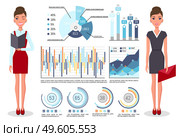 Confident young woman gives a report, serious businesswoman standing near demo poster with performance charts and digital data. Business presentation and project management concept vector illustration. Confident young woman gives a report, businesswoman standing near demo poster with digital data. Стоковая иллюстрация, агентство Ingram Publishing / Фотобанк Лори