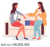 Two girl friends sitting on sofa drinking coffee and talking. Support and communication on meeting. Vector illustration of young woman acquaintances partners or colleagues in an informal setting. Two girl friends sitting on sofa drinking coffee and talking. Support and communication on meeting. Стоковая иллюстрация, агентство Ingram Publishing / Фотобанк Лори