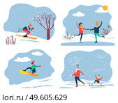 Set of people on winter vacation leading active and sportive lifestyle. Skiing and snowboarding, couple ice skating. Father pulling sleds with son sitting on it. Family weekends in wintertime vector. Winter Extreme Activities, Snowboarding Skiing. Стоковая иллюстрация, агентство Ingram Publishing / Фотобанк Лори