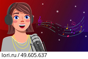 Young short-haired girl, closeup in headphones singing into microphone. Blogger musician. Sheet music, treble clef in background. Sing online for subscribers, show your talent, Broadcasting, Blogging. Singer girl blogger sings into a microphone. Live broadcasting for subscribers. Flat vector image. Стоковая иллюстрация, агентство Ingram Publishing / Фотобанк Лори