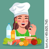 Cook woman showing okay gesture, smiling female and delicious food, cheerful girl wearing hat with collection of meal, sparkling water in bottle, juice, cabbage, eggs, salmon, lemons, apples, oatmeal. Cook woman showing okay gesture, smiling female and delicious food, cheerful girl wearing hat. Стоковая иллюстрация, агентство Ingram Publishing / Фотобанк Лори