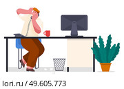 Chaos in office. Office worker with phone scared looking. Unorganized guy try to solve work difficulties in last time. Worker failure deadline, make mistake, confused, broken. Guy has heavy day. Chaos in office, office worker with phone scared looking, worker failure deadline, make mistake. Стоковая иллюстрация, агентство Ingram Publishing / Фотобанк Лори