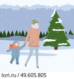 Winter, mother and little boy wearing warm clothes jacket, scarf, gloves and hat, people walking in forest near snow-covered fir-trees, outdoor activity, parent with child, faceless cartoon characters. Winter, mother and little boy wearing warm clothes jacket, scarf, gloves and hat, people walking. Стоковая иллюстрация, агентство Ingram Publishing / Фотобанк Лори