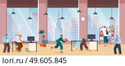 Chaos in office, employees stressed. Men and women drop documents, scream, run, rush. Hurry, deadline, boss in rage, waving his fists. Office space, panoramic windows, potted plants, ceiling lights. Chaos in office, employees are nervous, running around, dropping papers, boss yells at subordinates. Стоковая иллюстрация, агентство Ingram Publishing / Фотобанк Лори