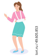 Young girl or woman in green skirt and pink blouse is standing with broken arm in cast and a bent arm at the elbow. Injury or contusion to the forearm. Traumatology, bone treatment. Flat image. Woman with injured hand in plaster. Hand with a bandage. Limb injury. Healthcare conception. Стоковая иллюстрация, агентство Ingram Publishing / Фотобанк Лори