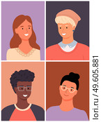 International people avatars, mix races young guys and girls, diverse nations, ethnicity, attractive blonde man in hat, smiling young girl, black african guy in glasses, brunette girl wear eyeglasses. International people avatars, mix races young guys and girls diverse nations, ethnicity, nationality. Стоковая иллюстрация, агентство Ingram Publishing / Фотобанк Лори