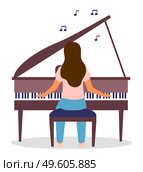 Isolated at white background, woman playing piano. Vector cartoon character playing music, notes icons. Home activity during quarantine isolation. Female s hobby. Girl playing musical instrument. Isolated woman playing piano, vector cartoon character playing music, notes icons, home activity. Стоковая иллюстрация, агентство Ingram Publishing / Фотобанк Лори