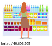 Girl next to the drinks counter. Supermarket sales and discounts. Shopping in the store. Woman in the shop is buying liquid. Female character shopping makes a choice between bottles and jars. The girl next to the drinks counter is choosing goods. The woman in the store is buying liquid. Стоковая иллюстрация, агентство Ingram Publishing / Фотобанк Лори