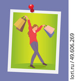 Illustration of a smiling woman with shopping bags. Young beautiful happy girl on the photo picks up multi-colored packages and crosses her legs. Female character with goods posing for a photo shoot. Illustration of a happy woman standing with shopping bags. Young girl on the photo crosses her legs. Стоковая иллюстрация, агентство Ingram Publishing / Фотобанк Лори